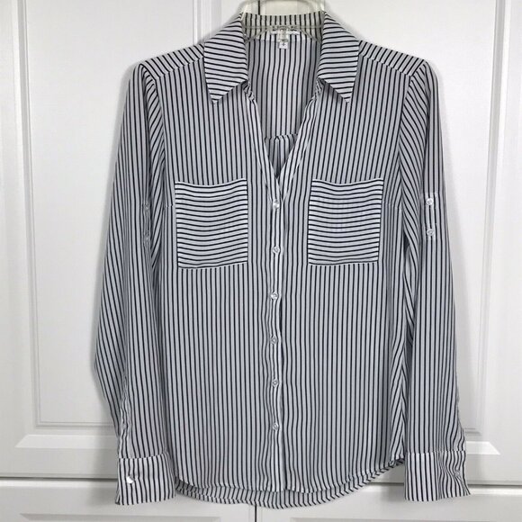 Express Top Womens Small Button Up Black & White Striped Roll Tab Sleeve Pockets - Picture 1 of 10